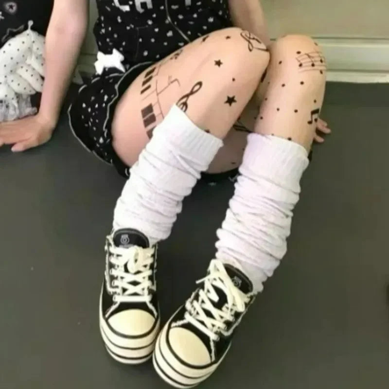 Women Personalized Stocking Gothic Music Notes Print Tights Thin High Elasticity Black Skin Leggings Spicy Girls Y2K Hosiery