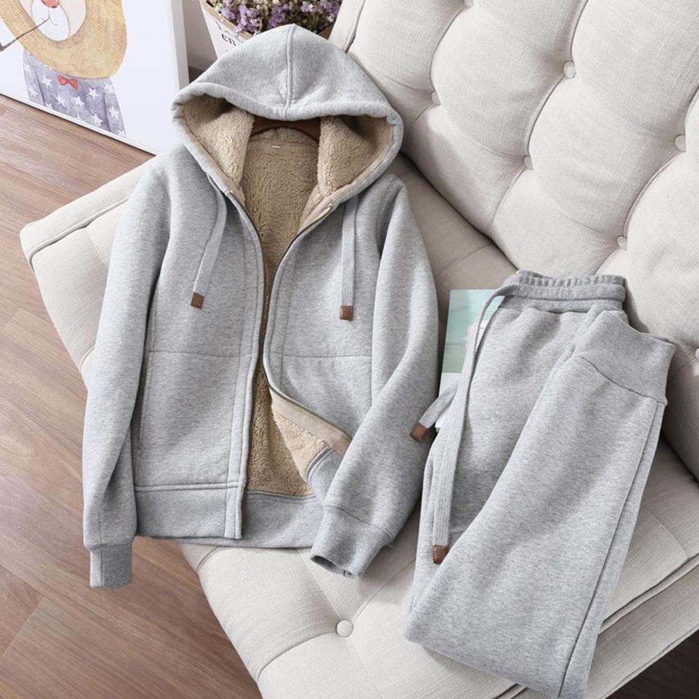 Women's Sweatshirt Pants Suit Autumn and Winter Warm Long-sleeved Fleece Thick Hoodie Coat Jogger Pants Sportswear Two-piece Set.