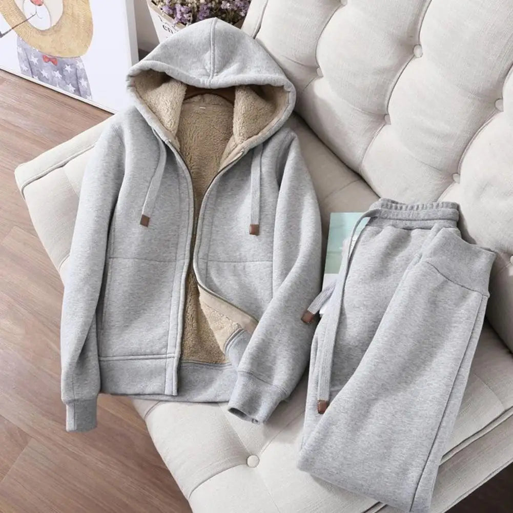 Women's Sweatshirt Pants Suit Autumn and Winter Warm Long-sleeved Fleece Thick Hoodie Coat Jogger Pants Sportswear Two-piece Set.