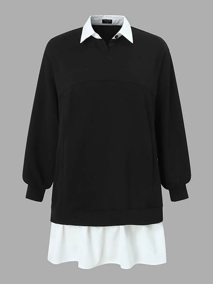 Plus Größe 5XL VONDA Frauen Hoodies Sweatshirts Mode Patchwork Kausalen Revers Kragen Gefälschte Zwei Stück Sweatshirts Lose Lange Jumper.