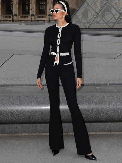 Sisterlinda Classic Street 2 Piece Set Autumn Daily Panelled Trim Full Sleeve Single Breasted Tops+Slim Pants Female Casual Suit.