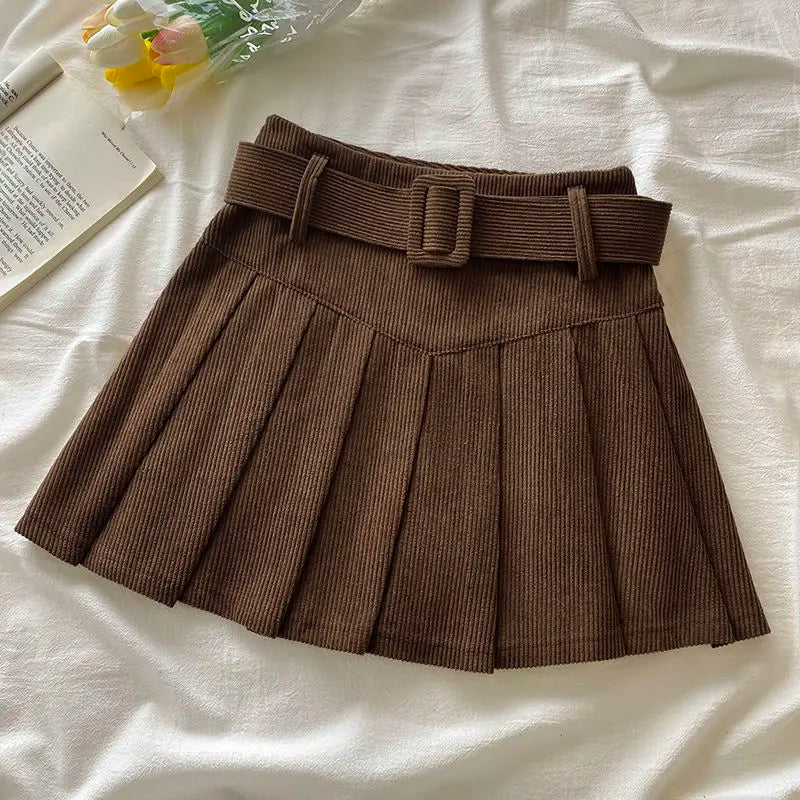 Pleated Mini Skirts Women Japan Students Corduroy Preppy Style Autumn Winter Basic Solid Bottoms Chic Vintage JK Slim All-match