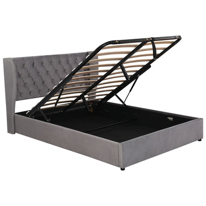 Fangange gepolstertes ohrenförmiges Bett, komplettes/Queensize-/King-/Doppelbett, hydraulisches Funktionsbett mit Lattenrost und Stauraum, Samt