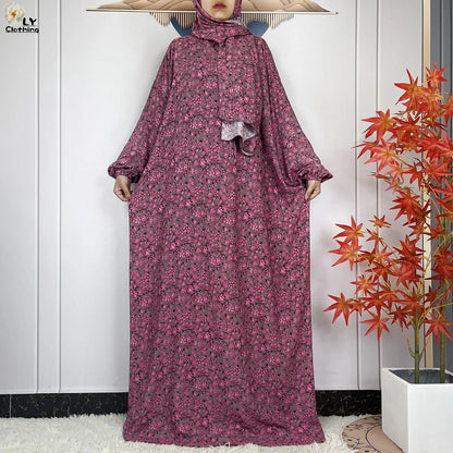 New Muslim Long Sleeved Cotton For Women Ramadan Prayer Turkey Middle East Femme Robe Floral Loose African Abaya Dress Scarfs