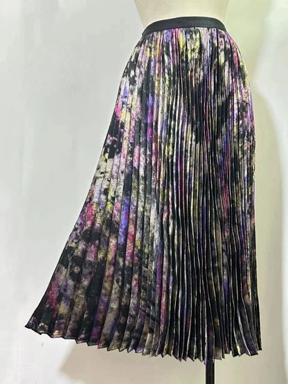 Shiny Colorful Luxury High Waist Metallic Pleated Midi Skirt 2025 Fashion Trends Elastic Waistband Pleated Skirt Old Money Style.