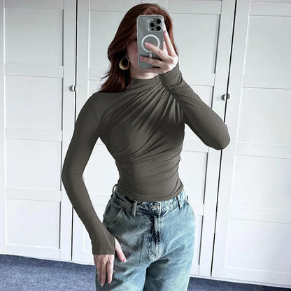 Fashionable Solid Color Women's Polo/Turtle Neck Top 2024 Autumn/Winter New Arrival Slimming Effect Long Sleeve T-Shirt.
