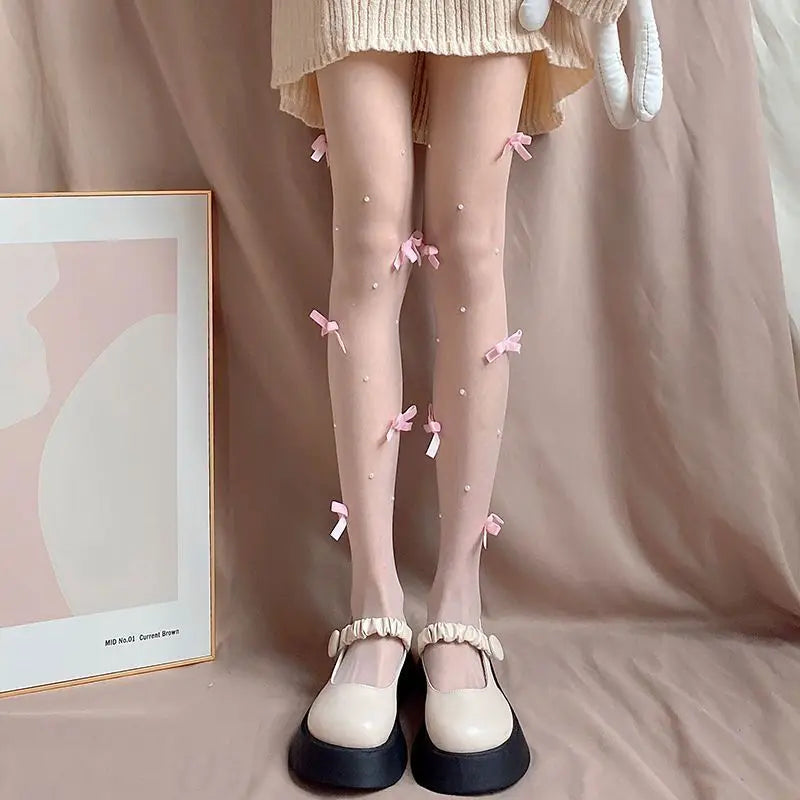Lolita Pink Velvet Bow Embroidery Pearl Tights Pantyhose Fashion Women Tights JK Lolita Styles Sweet Girls Kawaii Cute Stocking.