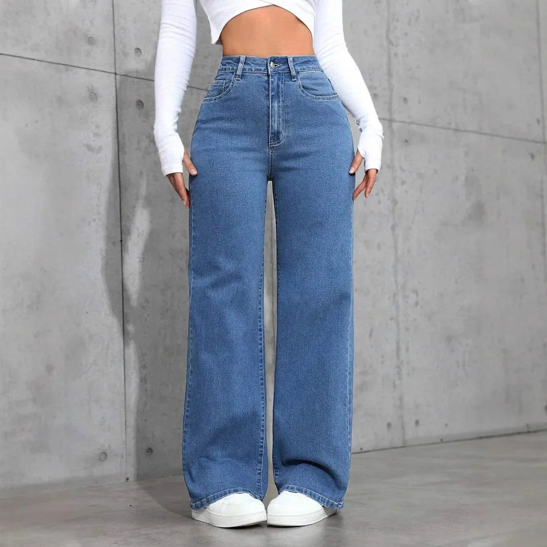 High Waist Straight Leg Women's Jeans Rhinestone Washed INS Style Imported New Model Blue Denim Trousers Female Fashion.