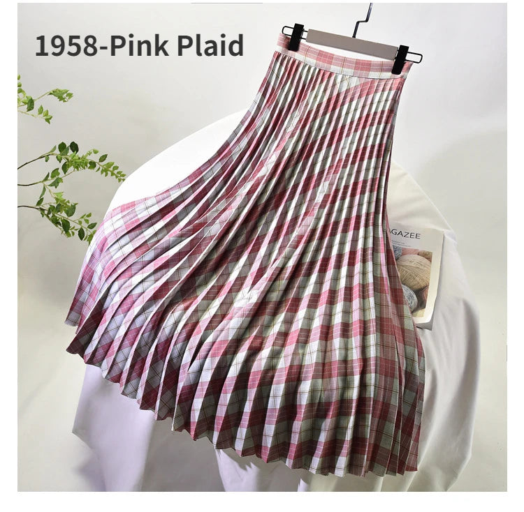 Looks Thin Pleated Skirt 2025 New High Waist A-line Skirt Mid-length Big Size Plaid Skirt Long Pleated Skirt Length 75-90cm