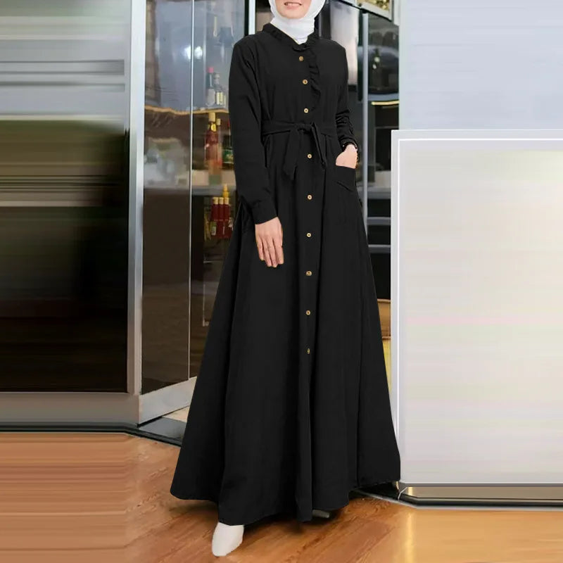 2025 Fashion Arab Style Lace-up Maxi Dress for Women Muslim Abaya Vintage Plain Long Dresses Hijab Islamic Robe Elegante Femme.