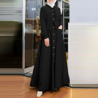 2025 Fashion Arab Style Lace-up Maxi Dress for Women Muslim Abaya Vintage Plain Long Dresses Hijab Islamic Robe Elegante Femme.
