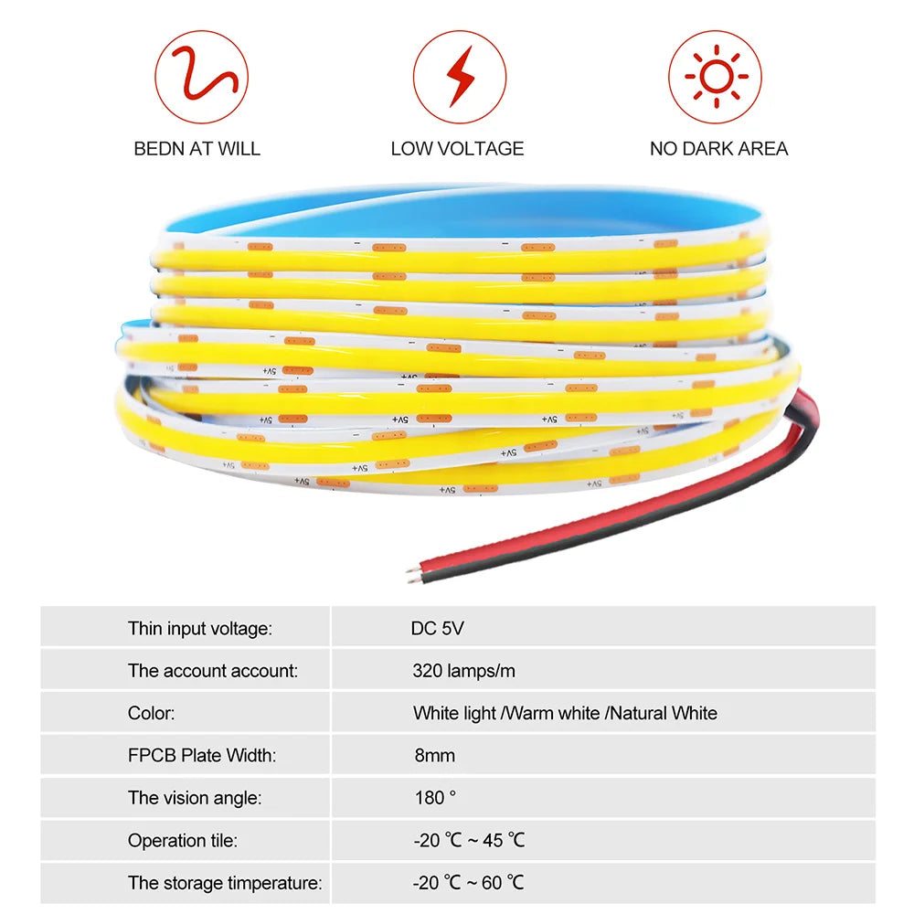 5 V USB-COB-LED-Streifen mit 2-poligem DC-Stecker, 3000 K, 4000 K, 6000 K, 320 LEDs, flexibles Band, lineare Beleuchtung mit hoher Dichte.