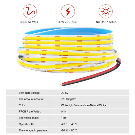 5 V USB-COB-LED-Streifen mit 2-poligem DC-Stecker, 3000 K, 4000 K, 6000 K, 320 LEDs, flexibles Band, lineare Beleuchtung mit hoher Dichte.