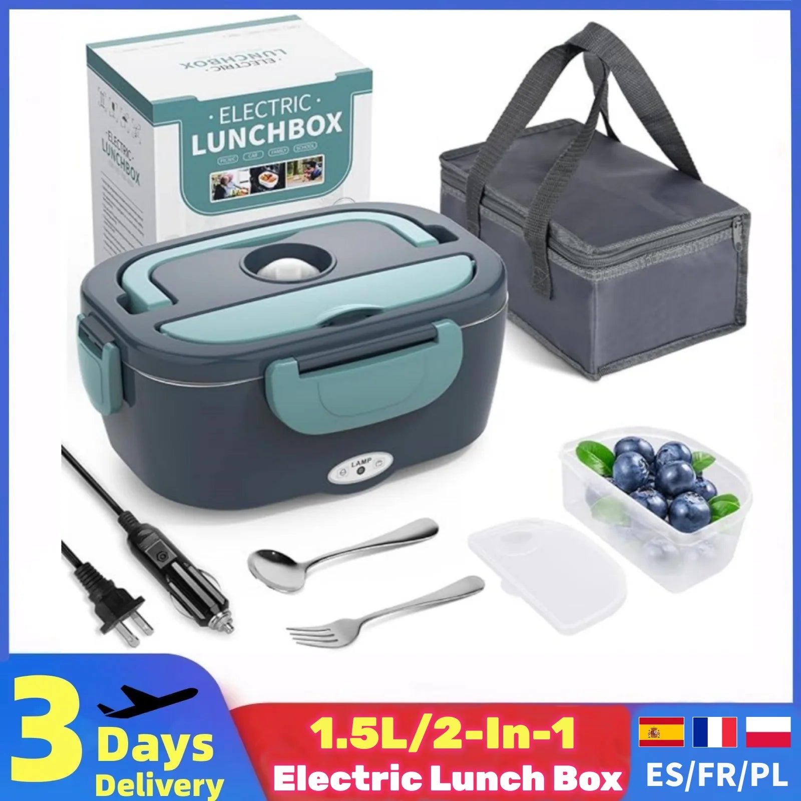 2-In-1 Electric Heating Lunch Box Car+Home 220V 1.5L 60W Portable Stainless Steel Liner Bento Lunchbox Food Container Bento Box.