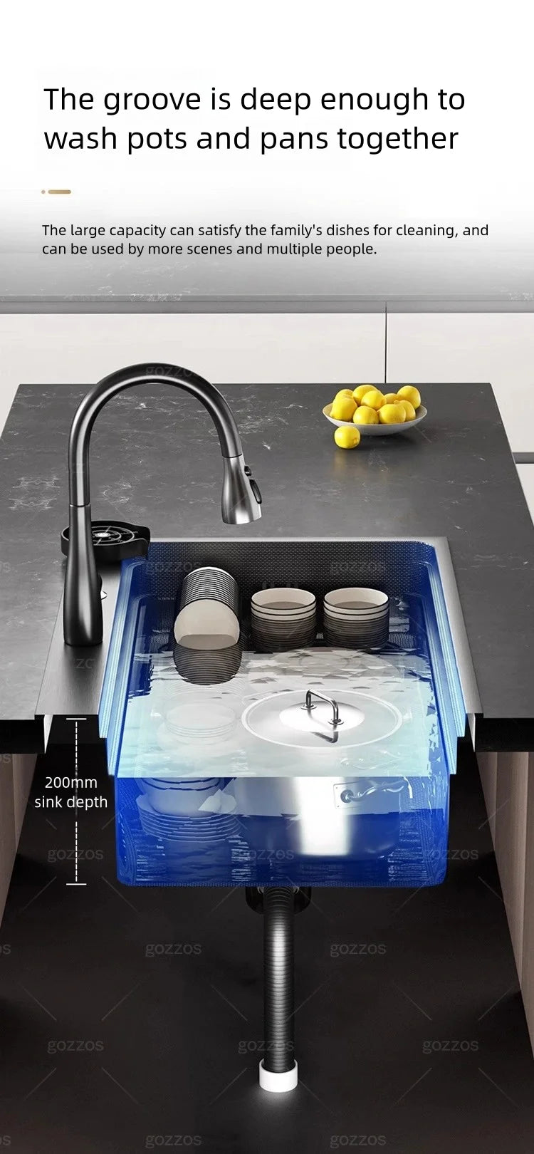 Black 304 Stainless Steel Kitchen Sink Household Multifunction Wash Dish and Vegetables Basin Large Single Slot Undermount Basin