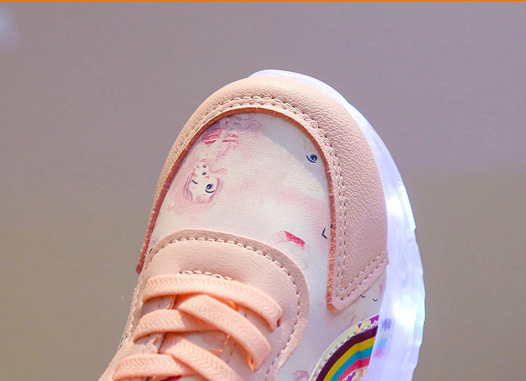 Disney Children's Casual Shoes LED Rechargeable Luminescent Shoes  Cartoon Princess Elsa Girls Pink Sports Sneakers Size 26-35.