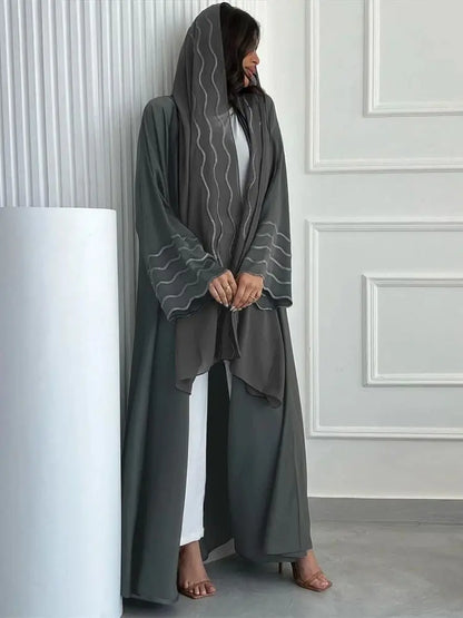 Ramadan Eid Women Gray Black Dubai Khimar Abaya Islam Muslim Kimono Hijab Dress Set Kebaya Kaftan Djellaba Robe Femme Musulmane.