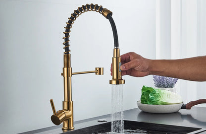 Brushed Gold Kitchen Faucet Pull Down 2-way Spray Single Handle Hot Cold Water Mixer Tap 360 Rotation Torneira Cozinha Mixer Tap