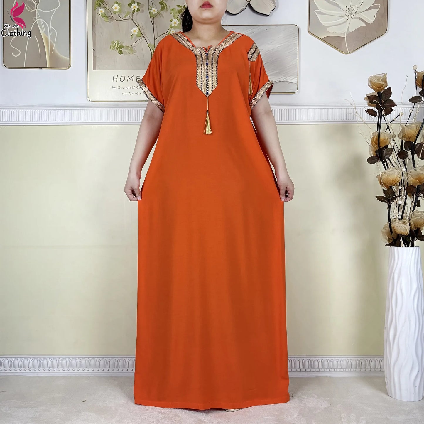 2025 Muslim Caftan Short Sleeve Dress Solid Cotton Summer Abaya African Traditional Dresses Islam for Women Casual Clothing.