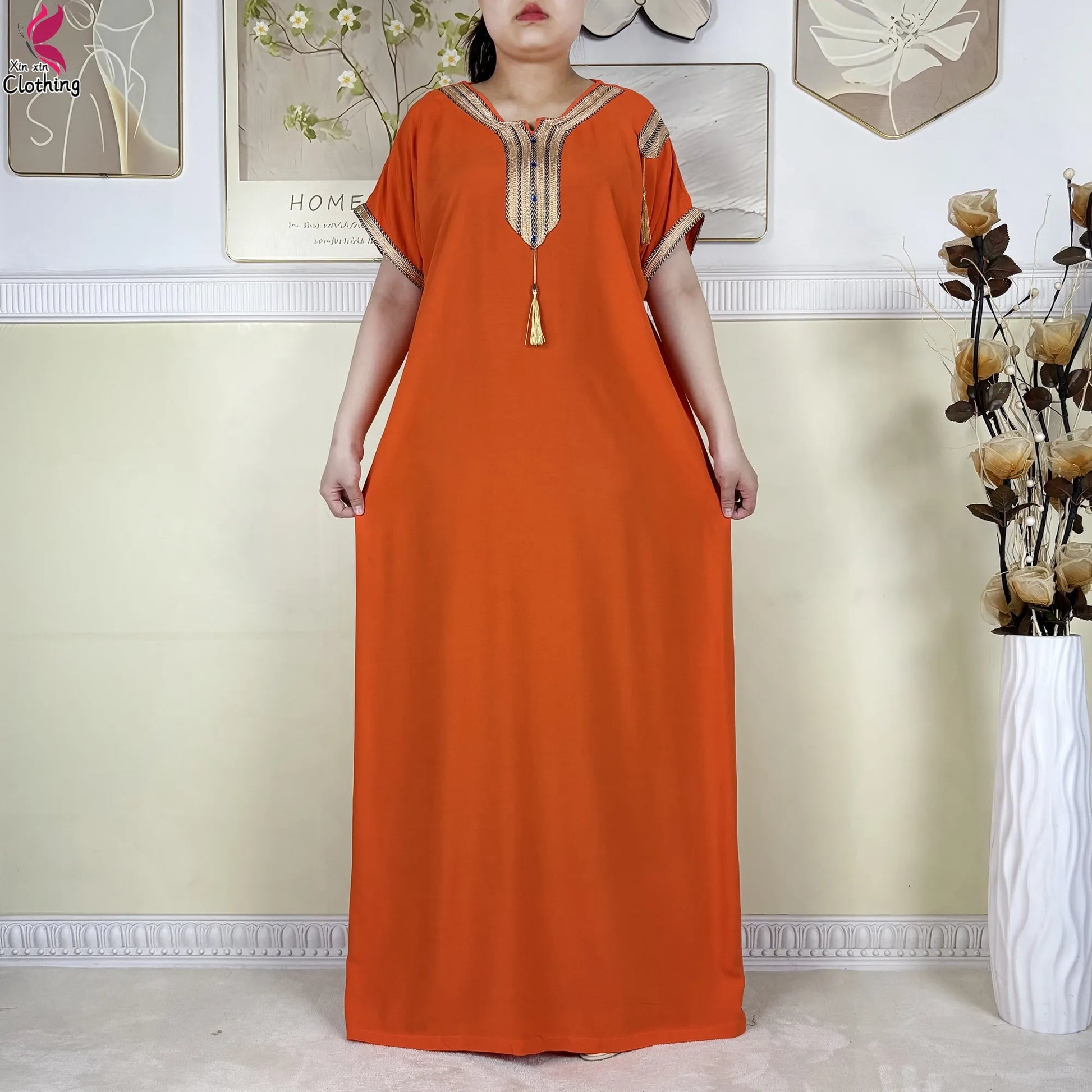 2025 Muslim Caftan Short Sleeve Dress Solid Cotton Summer Abaya African Traditional Dresses Islam for Women Casual Clothing.