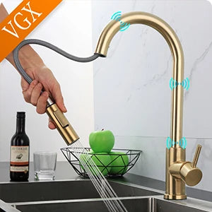 VGX Kitchen Faucet with Pull Down Sprayer Single Handle Mixer for Basin 360° Rotating Spring Style Taps Brass Chrome Gold Black