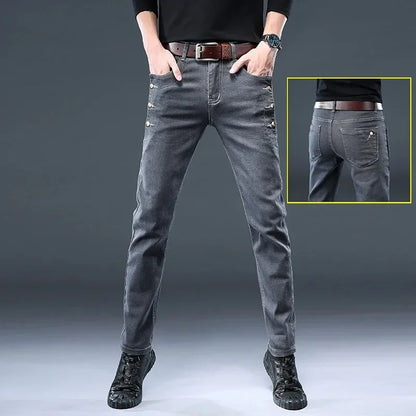 Slim Fit Men's Jeans Casual Elastic Korean Style Autumn Grey Trendy Long Pants Versatile Slim Legged Casual Trousers