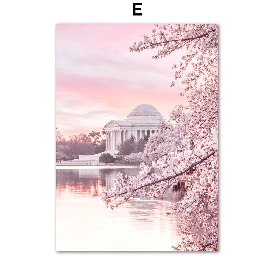 Pink Cherry Blossom Tulip Bicycle Flower Nordic Posters Ferris Wheel Wall Art Print Canvas Painting Living Room Home Decoration