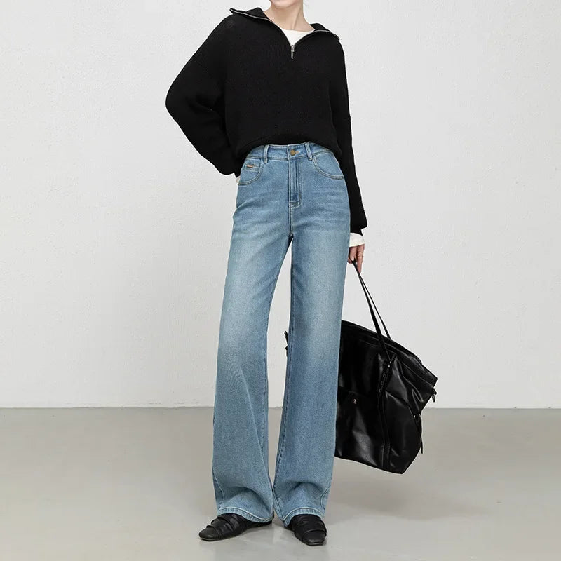 High Waist Straight Leg Jeans Women's Fashionable Denim Wide Leg Pants Slimming Narrow Version Floor-Length Autumn New Arrival.