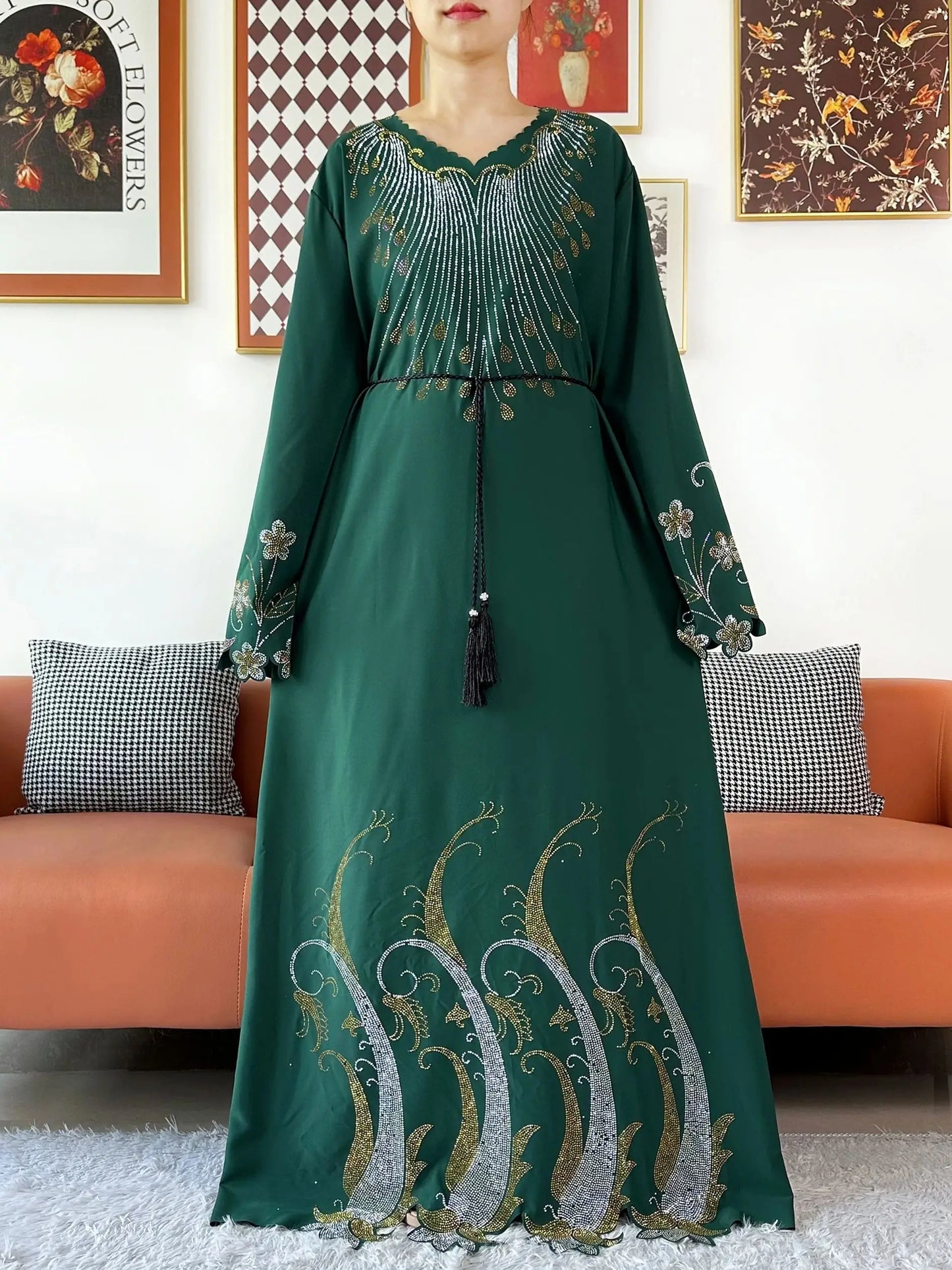 2025Fashion Dubai Diamond Muslim Women Modest Dress Elegant Arabic Femme Hijab Long Sleeve Chiffon Abaya Islamic Turkey Clothing.