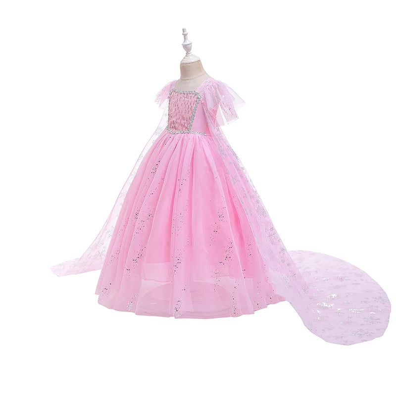 Mädchen rosa Pailletten Mesh Prinzessin Kleid, Mesh kurze Ärmel, mit Umhang, geeignet für Party, Tanz, Performance, Karnevals kleid.