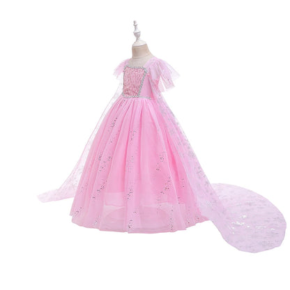 Mädchen rosa Pailletten Mesh Prinzessin Kleid, Mesh kurze Ärmel, mit Umhang, geeignet für Party, Tanz, Performance, Karnevals kleid.