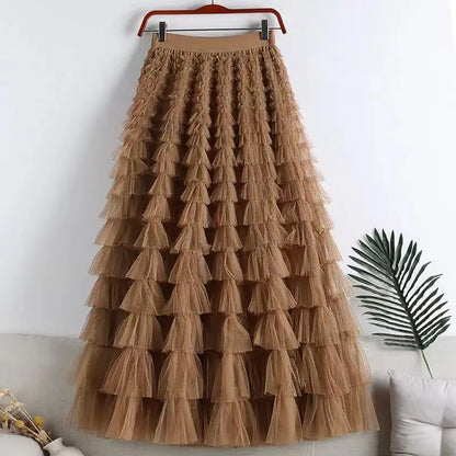 Chamliforve Women Tulle Mesh Skirt Elegant Elastic Waist Fairy Long A-line Tutu Skirt for Spring Summer Long Cake Skirt.