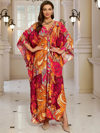 Kaftan-Kleider für Damen, Wellenhals-Badeanzug, Überwurf, Kaftan-Kleid, Übergröße, übergroßes langes Strandkleid.