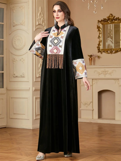 Siskakia Ramadan Muslim Notched Stand Collar Tassel Long Dresses For Women  Loose Elegant Kebaya Patchwork Sleeve Abayas.