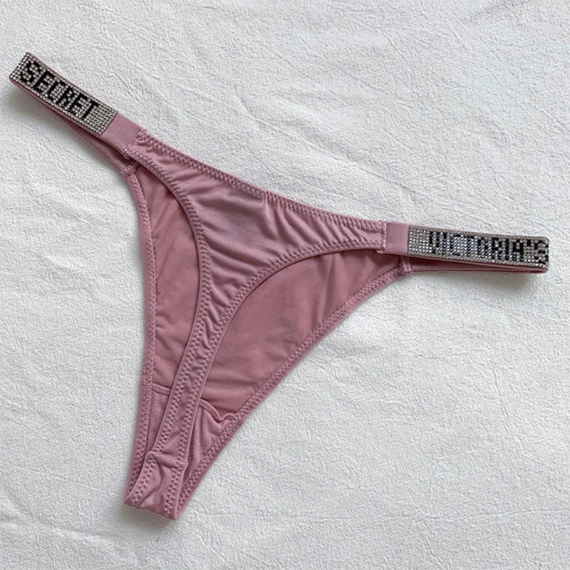 New Sexy Pink Brand Lingerie Female Intimate Underwear Rise Women Panties Bra Rhinestone Letter Comfort Brief.