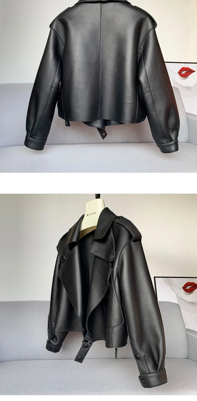 Schaffellmantel für Damen, Lederjacke, Winter, Frühling, Moto, Biker, echt, Top-Qualität, Schwarz.