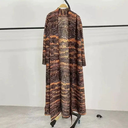 Abaya Miyake Pleated Printed Robe Jacket Arabian Dubai Style Women's Long Sleeve Conservative Demure Muslim Trench Coat 55inches