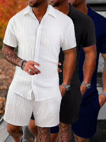 Lazy Street Style Vertical Stripe Slimming Shirt Shorts Two-piece Set No Need To Pair With Autumn Men's Thin Knit Sports Suit.