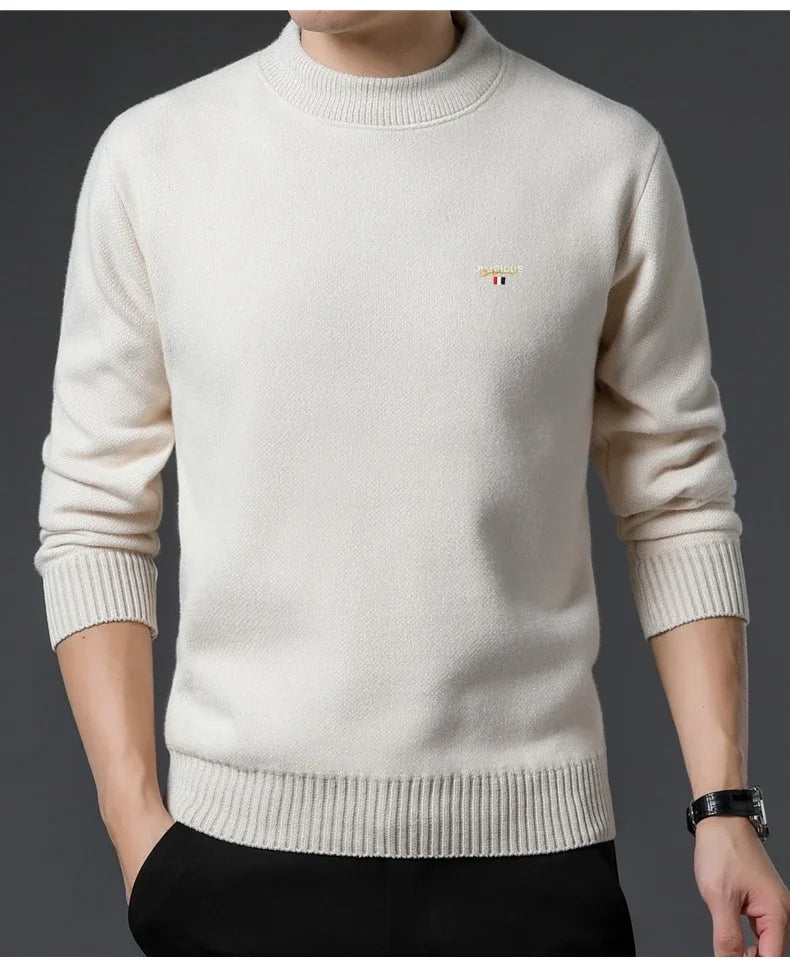 Luxury high-end round neck sweater men's winter trend brand embroidered Korean version casual plush warm thick knitted pullover.