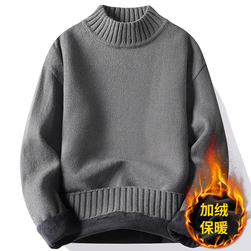 New Winter Men Mock Neck Turtlenecks Pullovers Fleece Warm Knitted Sweaters Good Quality Male Solid Outwear Casual Sweaters 3XL.