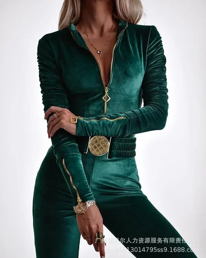 Sexy Women Bodycon Jumpsuits Velvet Zipper Design Sheath Jumpsuits Ruched Long Sleeve Jumpsuit with Elastic Waistbelt for Female.