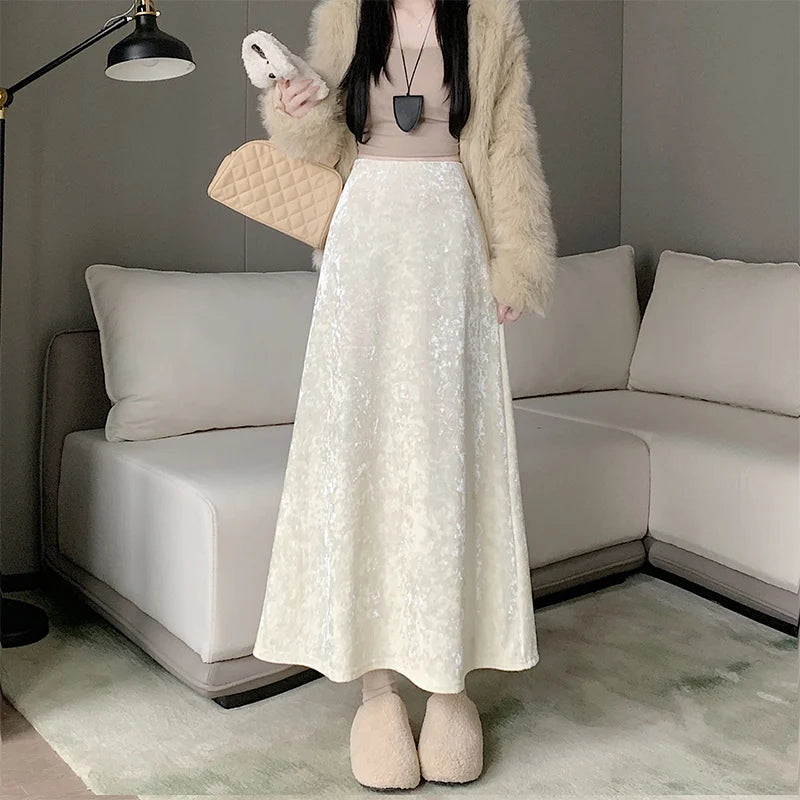 Plush Velvet Midi Skirt - 2025 New High-Waisted A-Line Mermaid Hem Skirt, Fleece-lined, Autumn Winter Thick Velvet Skirt