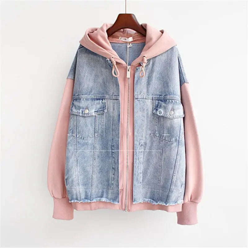 Fake Two-piece Denim Hoodies Coat Women Spring Autumn Trend Cardigan Hoodie Casual Loose Hooded Baseball Jacket Streetwear Woman.