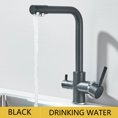 Filter Kitchen Faucet Chrome Drinking Pure Water Kitchen Tap Deck Mounted Dual Handles 3-Ways Hot and Cold Water Mixer