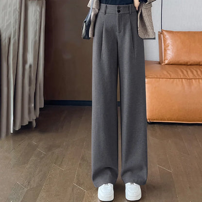 2024 Autumn Winter Women Concise Woolen Pants Lady Wide Leg Designer Outside Trousers Female Thicken High Waisted Draping Pants.