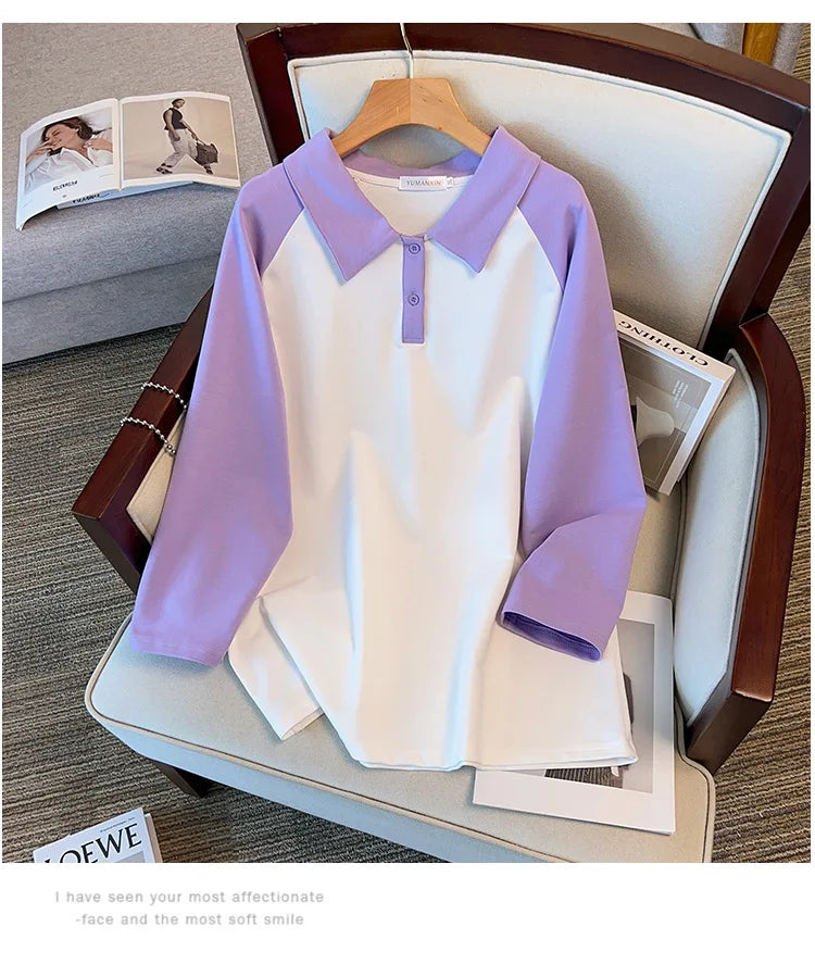 170kg plus size Damen büste Frühling Herbst loser Polo kragen kontrastieren des Sweatshirt schwarz lila 4xl 5xl 6xl 7xl 8xl 9xl.