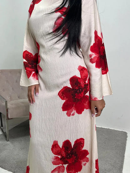 Women Arabic Eid Muslim Dubai Abaya Luxury Fashion Flower Print Maxi Dress Ramadan Robe Femme African Islam Clothing Kebaya.