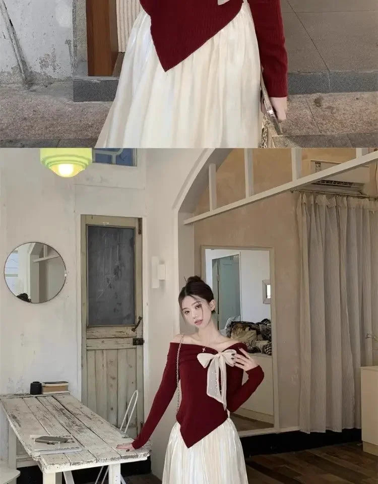 Red One-Shoulder Long-Sleeve Knitted Sweater Women's Spring New Year Slim Fit Short Top Butterfly Knot Decorated Cotton T-shirt.