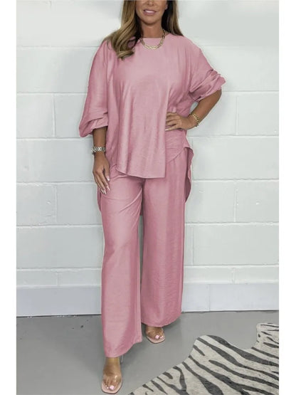 Women's Suit Casual Loose Solid Color Satin 2-piece Set Spring Fall New Blouse Top + Pants Sets Daily Wear Elegant Outfit Female.