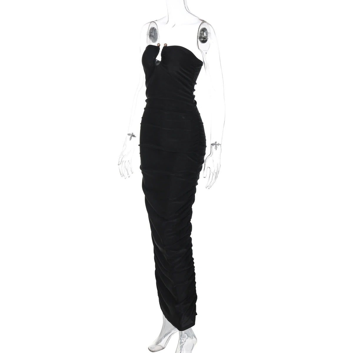 Dulzura ärmelloses, trägerloses, plissiertes Maxikleid mit Knopf, sexy, elegantes langes Kleid für Damen, Party, Club, Büro, Frühling und Sommer.